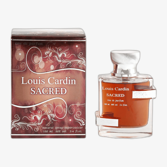 Bottle of Louis Cardin Sacred EDP with an elegant design