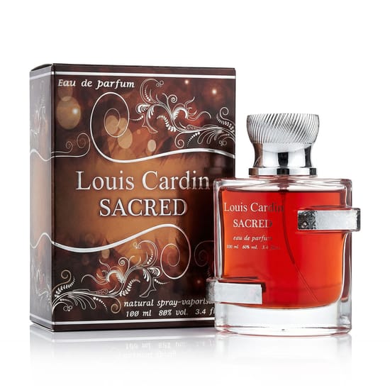 Bottle of Louis Cardin Sacred EDP with an elegant design