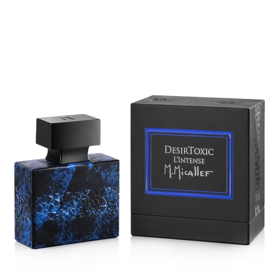 Close-up of M.Micallef DesirToxic L'Intense perfume bottle