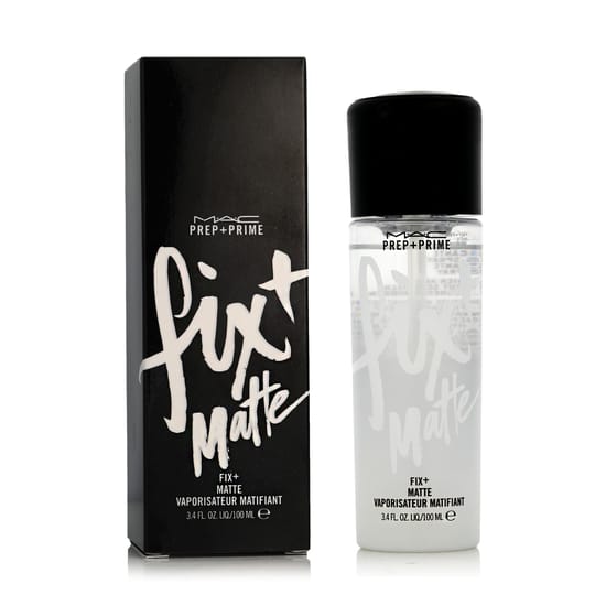 Original packaging of MAC Cosmetics Prep + Prime Fix+ Mattifying Mist with sleek minimalist design Close-up of MAC Cosmetics Prep + Prime Fix+ Mattifying Mist bottle with matte effect imagery