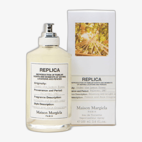 Avatud pudel Maison Margiela Replica Under the Lemon Trees EDT tsitruselise lõhnaga