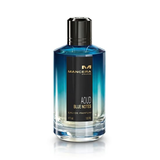 Close-up of Mancera Paris Aoud Blue Notes EDP bottle