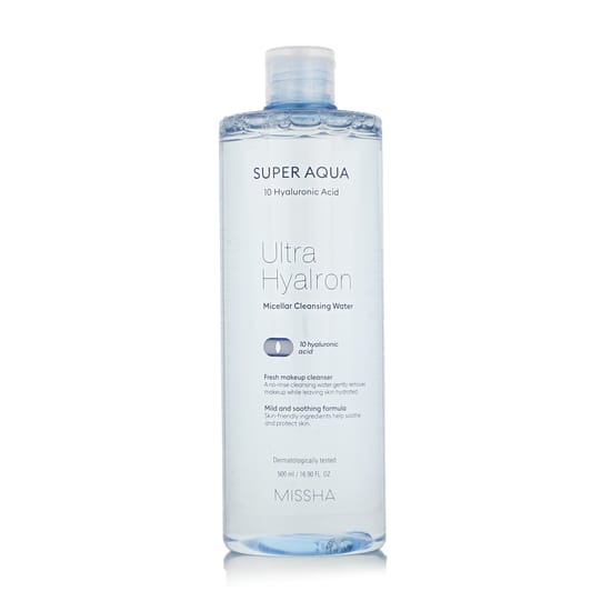 Close-up of Missha Super Aqua Ultra Hyalron Micellar Cleansing Water Bottle