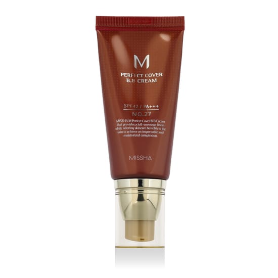 Missha M Perfect Cover BB Cream SPF 42 PA+++ No.27 Honey Beige tube close-up, Cream texture detail of Missha M Perfect Cover BB Cream in Honey Beige