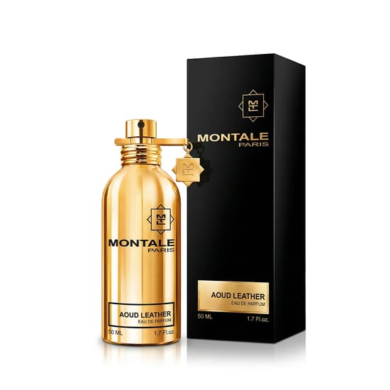 Authentic packaging of Montale Paris Aoud Leather EDP Bottle close-up image of Montale Paris Aoud Leather EDP
