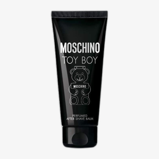 Close-up of Moschino Toy Boy After Shave Lotion bottle