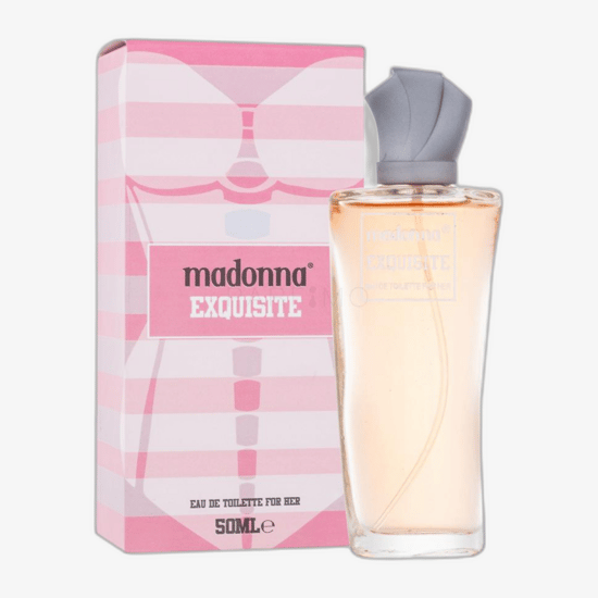 Original packaging of Madonna Nudes Exquisite EDT perfume Close-up of Madonna Nudes Exquisite EDT perfume bottle