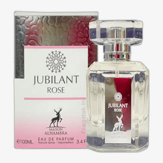 Original packaging of Maison Alhambra Jubilant Rose EDP Close-up of Maison Alhambra Jubilant Rose EDP bottle