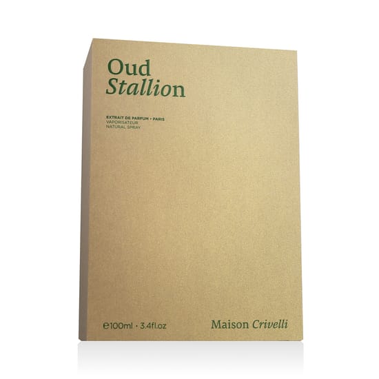 Современный лаконичный дизайн Maison Crivelli Oud Stallion EP, отражающий минималистичную эстетику Элегантный флакон Maison Crivelli Oud Stallion EP на светлом фоне, подчеркивающий чистоту и современность дизайна