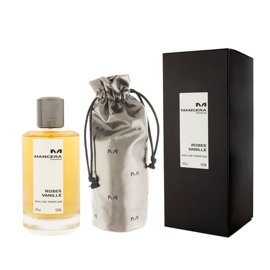 Original packaging of Mancera Paris Roses Vanille EDP Close-up of Mancera Paris Roses Vanille EDP bottle