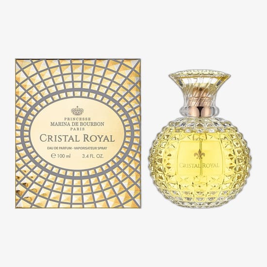 Original packaging of Marina de Bourbon Crystal Royal EDP Close-up of Marina de Bourbon Crystal Royal EDP bottle