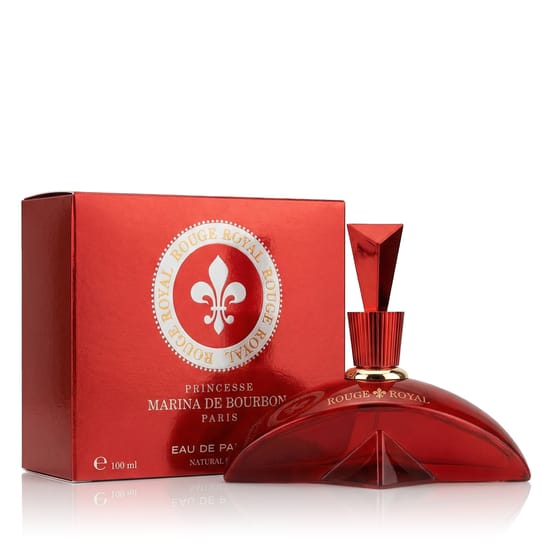 Original packaging of Marina de Bourbon Rouge Royal EDP perfume Close-up of Marina de Bourbon Rouge Royal EDP perfume bottle