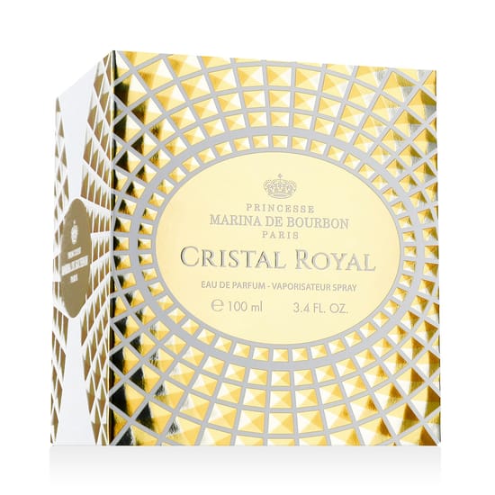 Original packaging of Marina de Bourbon Crystal Royal EDP Close-up of Marina de Bourbon Crystal Royal EDP bottle