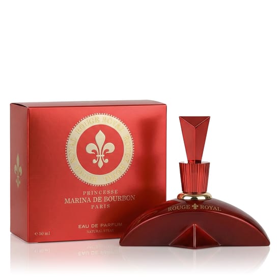 Original packaging of Marina de Bourbon Rouge Royal EDP perfume Close-up of Marina de Bourbon Rouge Royal EDP perfume bottle