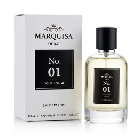 Original packaging of Marquisa Dubai No. 01 Pour Homme EDP Elegant bottle of Marquisa Dubai No. 01 Pour Homme EDP