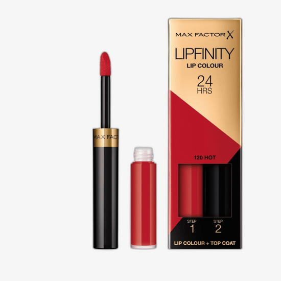 Close-up of Max Factor Lipfinity Lip Colour 24HRS (120 Hot) bottle