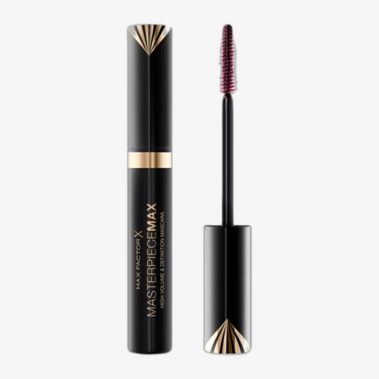 Detail of Max Factor Masterpiece Max Mascara Black applied to lashes, Brush close-up