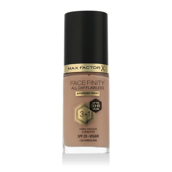 Упаковка тонального крема Max Factor Face Finity крупным планом Флакон тонального крема Max Factor Face Finity All Day Flawless