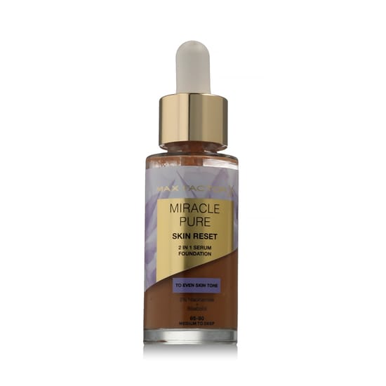Современная упаковка Max Factor Miracle Pure Skin Reset 2in1 Serum Foundation 85-90 Medium To Deep Близкий план на флакон Max Factor Miracle Pure Skin Reset 2in1 Serum Foundation – элегантная и лаконичная упаковка