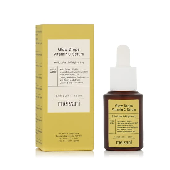 Meisani glow drops vitamin c serum pudel ja pakend
