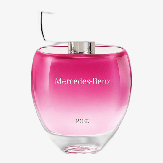 Close-up of Mercedes-Benz Rose EDT perfume bottle
