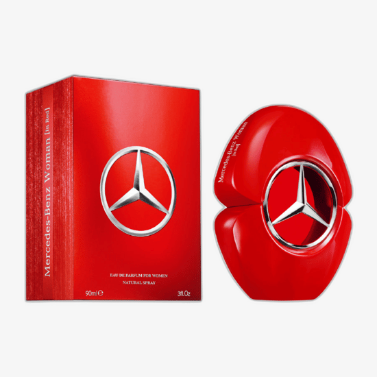 Флакон парфюма Mercedes-Benz Woman In Red в красном оформлении