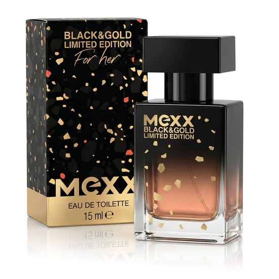 Stylish bottle of Mexx Black & Gold EDT close-up