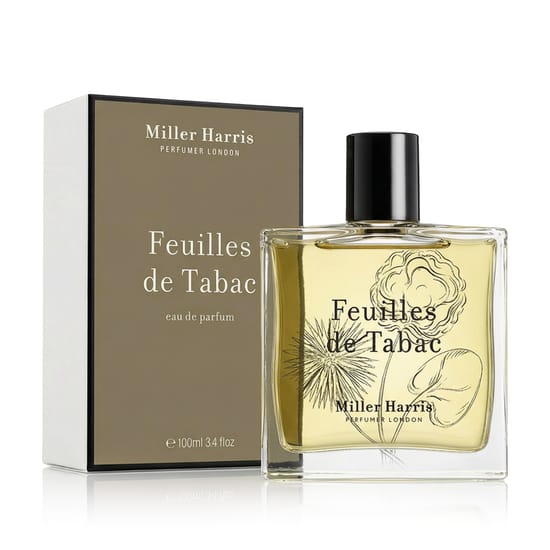 Original packaging of Miller Harris Feuilles de Tabac EDP Elegant bottle of Miller Harris Feuilles de Tabac EDP
