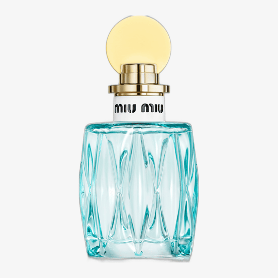 Parfüümi Miu Miu L'Eau Bleue EDP klaasist pudel sinise tooniga korgiga