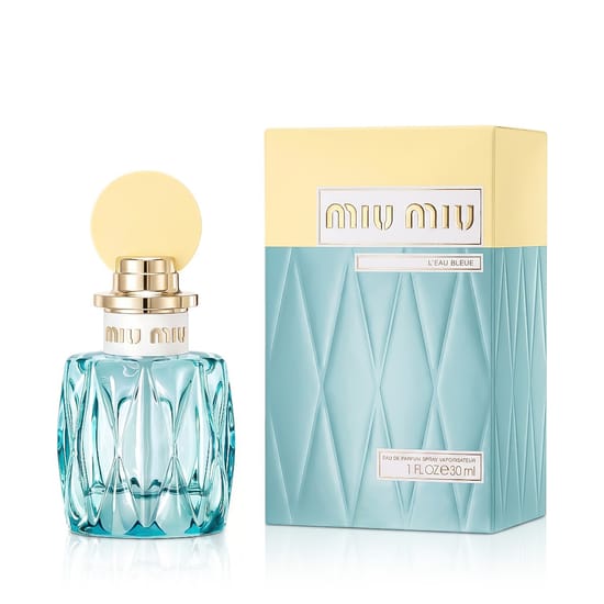 Parfüümi Miu Miu L'Eau Bleue EDP klaasist pudel sinise tooniga korgiga
