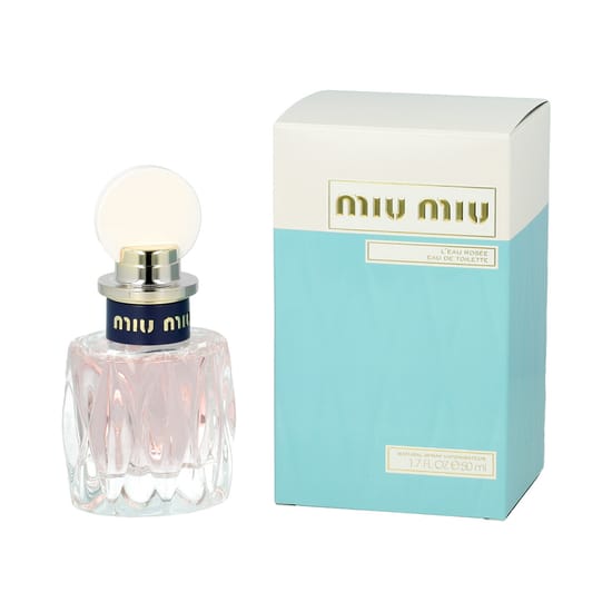Original packaging of Miu Miu L'Eau Rosée EDT perfume Close-up of Miu Miu L'Eau Rosée EDT perfume bottle