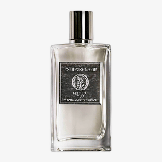 Mizensir Perfect Oud EDP originaalne pakend ja pudel Mizensir Perfect Oud EDP parfüümi pudel pealtvaates