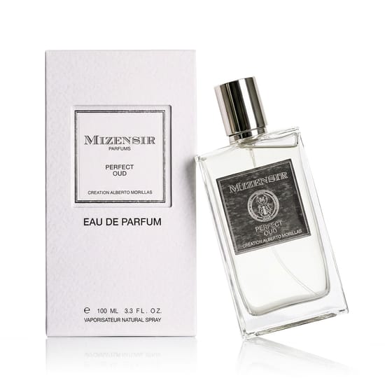 Mizensir Perfect Oud EDP originaalne pakend ja pudel Mizensir Perfect Oud EDP parfüümi pudel pealtvaates