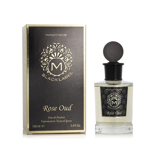 Original packaging of Monotheme Venezia Black Label Rose Oud EDP Elegant bottle of Monotheme Venezia Black Label Rose Oud EDP