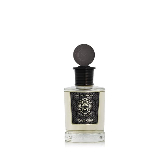 Original packaging of Monotheme Venezia Black Label Rose Oud EDP Elegant bottle of Monotheme Venezia Black Label Rose Oud EDP