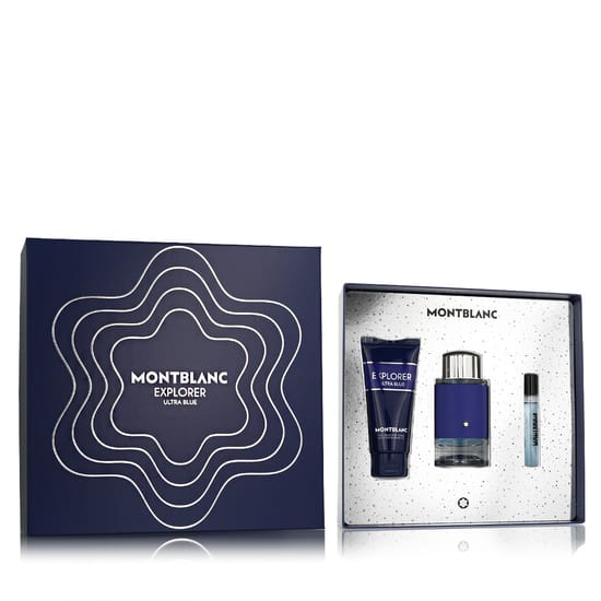 Montblanc Explorer Ultra Blue fragrance set featuring EDP and body care essentials