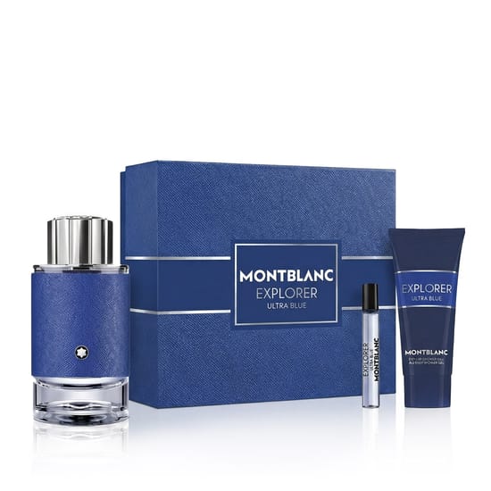 Montblanc Explorer Ultra Blue lõhnade kinkekomplekt Montblanc Explorer Ultra Blue EDP komplekt miniatuuri ja dušigeeliga