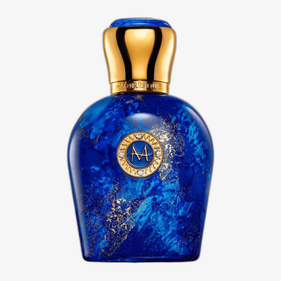 Close-up of Moresque Sahara Blue EDP bottle