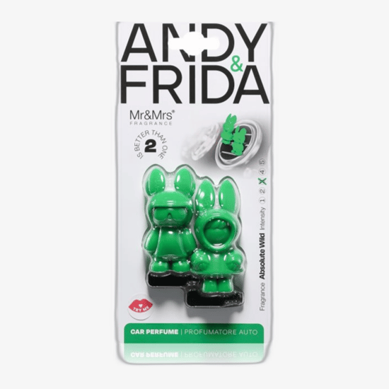 Крупный план ароматизаторов Mr & Mrs Fragrance Andy & Frida Absolute Wild для машины Упаковка ароматизаторов Mr & Mrs Fragrance Andy & Frida Absolute Wild для автомобиля