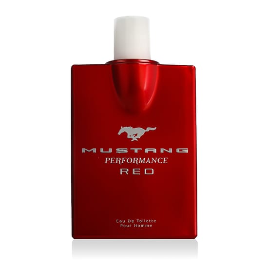 Bottle of Mustang Performance Red EDT up close