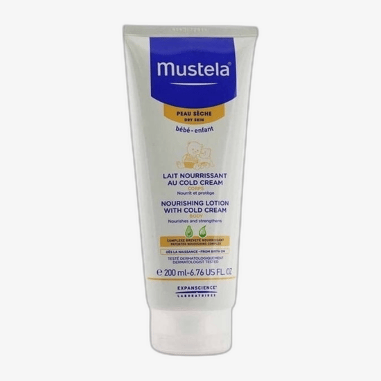 Close-up of mustela bébé nourishing body lotion with cold cream