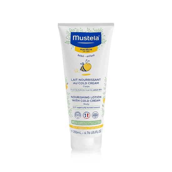 Close-up of mustela bébé nourishing body lotion with cold cream