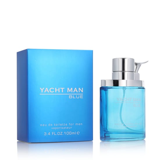 Elegant bottle of Myrurgia Yacht Man Blue EDT with blue ocean-inspired design