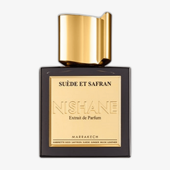 Close-up of Nishane Suède et Safran extrait de parfum bottle