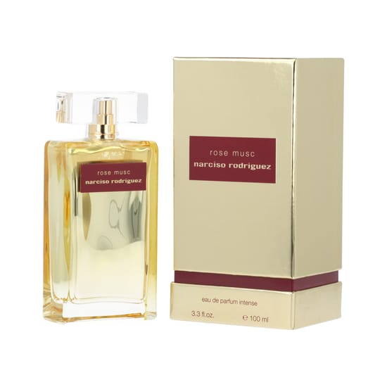 Original packaging of Narciso Rodriguez Rose Musc EDP perfume Close-up of Narciso Rodriguez Rose Musc EDP bottle