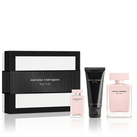 Narciso Rodriguez For Her EDP 50 ml + mini 7,5 ml + kehakreem 50 ml – luksuslik komplekt Narciso Rodriguez For Her EDP komplekt: 50 ml parfüüm, 7,5 ml mini, kehakreem 50 ml – minimalistlik ja elegantne valik
