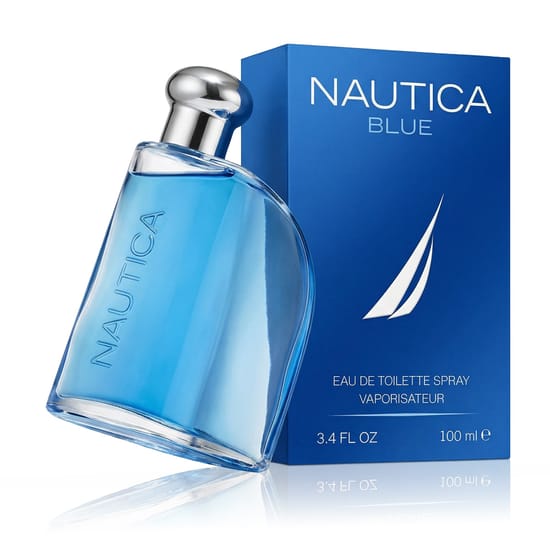 Bottle of Nautica Blue Sail EDT with a vibrant design