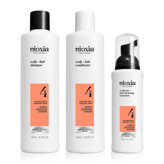 Nioxin System 4 Progressed Thinning Kit eksklusiivses pakendis Nioxin System 4 Progressed Thinning Kit juuksehoolduskomplekt õhukestele ja värvitud juustele