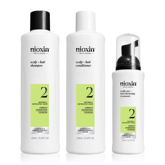Nioxin System 2 Progressed Thinning Kit Close-Up View Nioxin System 2 Progressed Thinning Kit Packaging and Products
