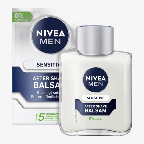 Nivea Men Sensitive After Shave Lotion Packaging Details Bottle of Nivea Men Sensitive After Shave Lotion on a white background